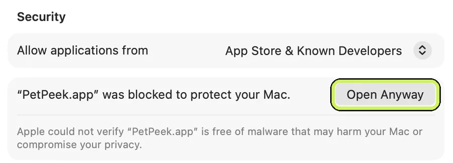 Privacy & Security settings: “PetPeek.app was blocked to protect your Mac”, with the Open Anyway button circled.
