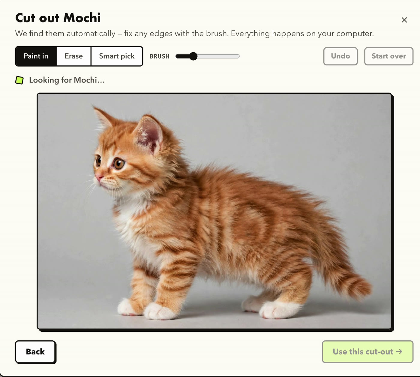 Cut-out screen showing Mochi the kitten found automatically, with brush tools