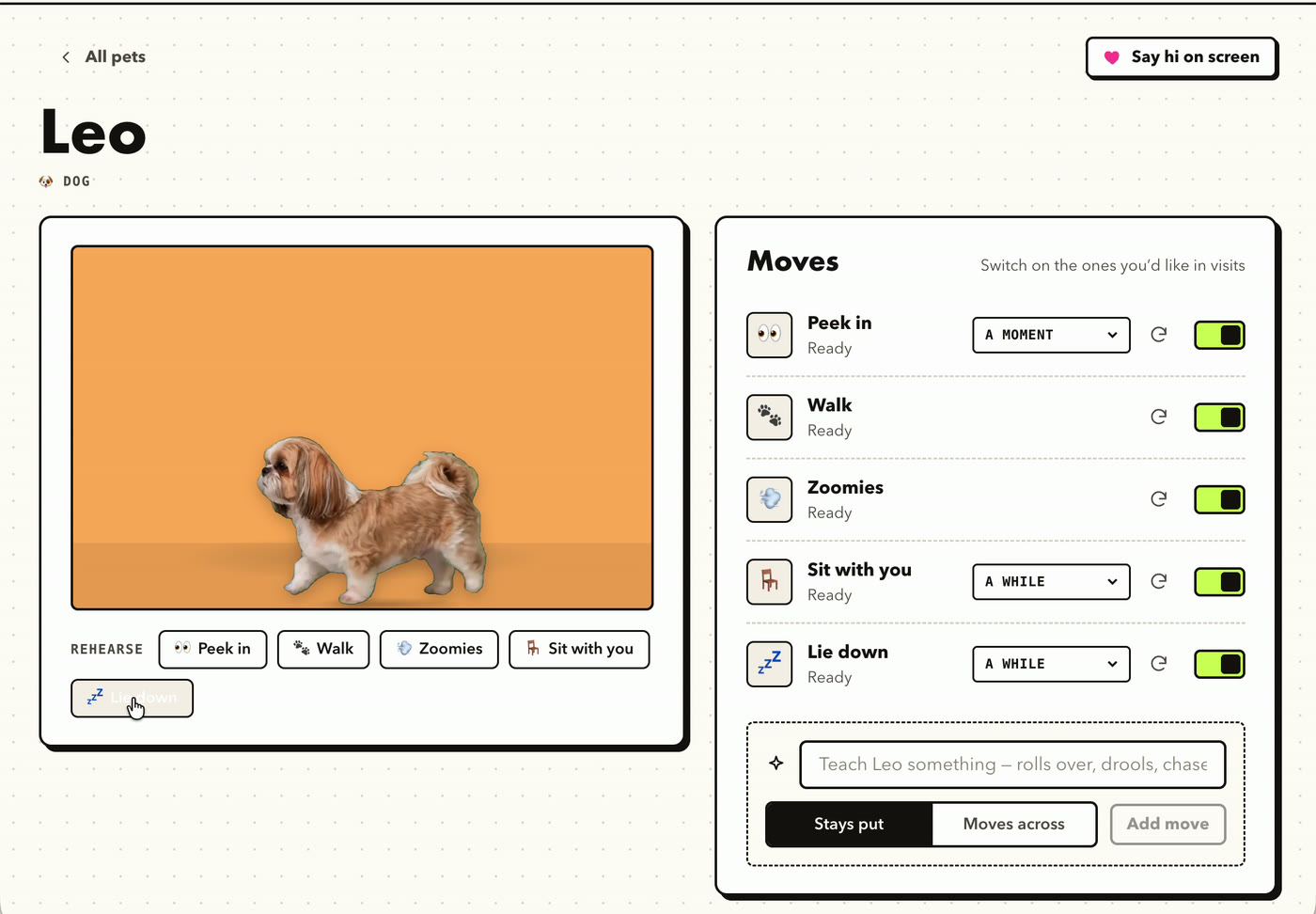 Leo’s page in PetPeek with his moves: peek in, walk, zoomies, sit with you, lie down